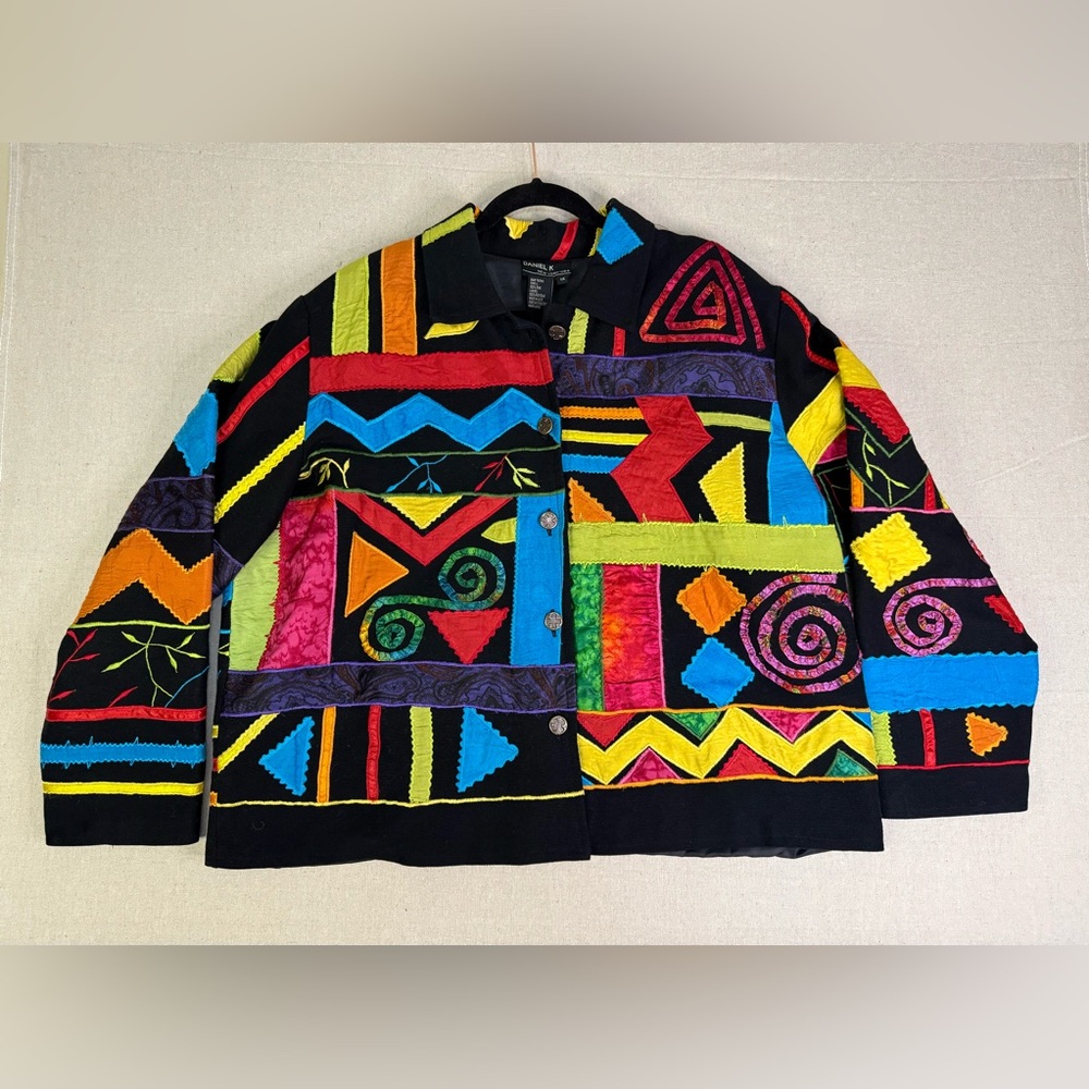 J108 Vintage Daniel K New York USA Silk Geometric Design Jacket